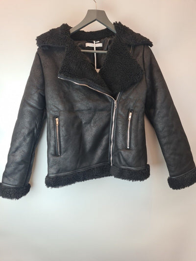 Michelle Keegan Longline Faux Shearling Black Biker Jacket Size UK 8 **** V24