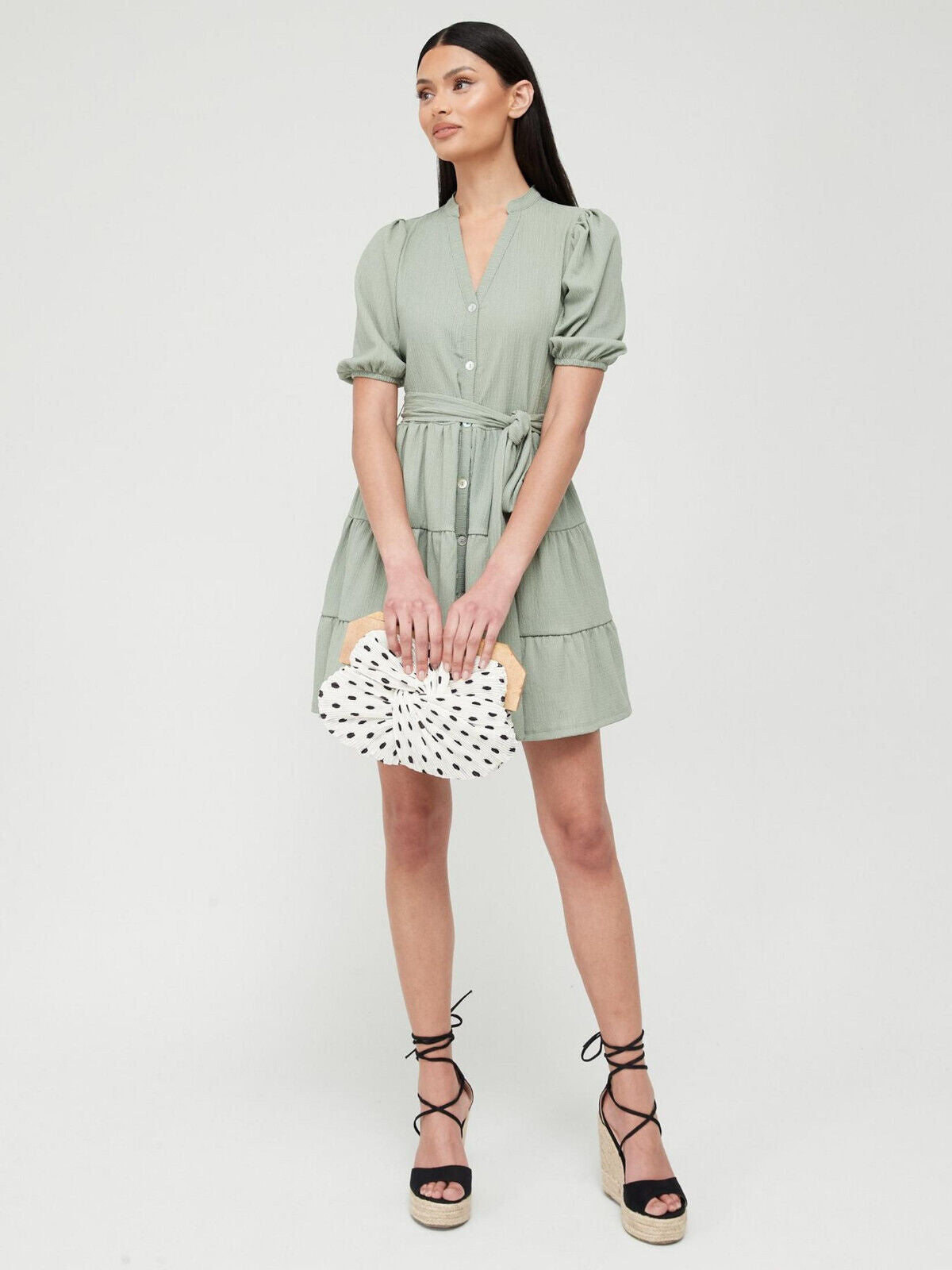 Tiered Button Up Mini Dress - Sage Green. UK 16 ** V270