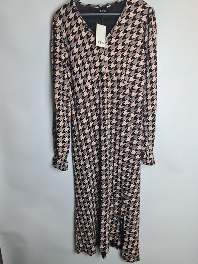 Long Tall Sally Beige Brown & Black Dogtooth Check Midi Dress Size 16 **** V148