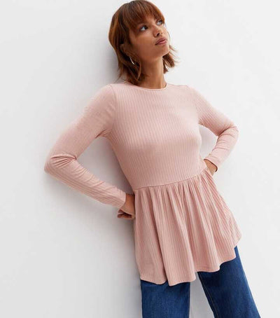 New Look Pale Pink Ribbed Long Sleeve Peplum Top Size 14 ** V372