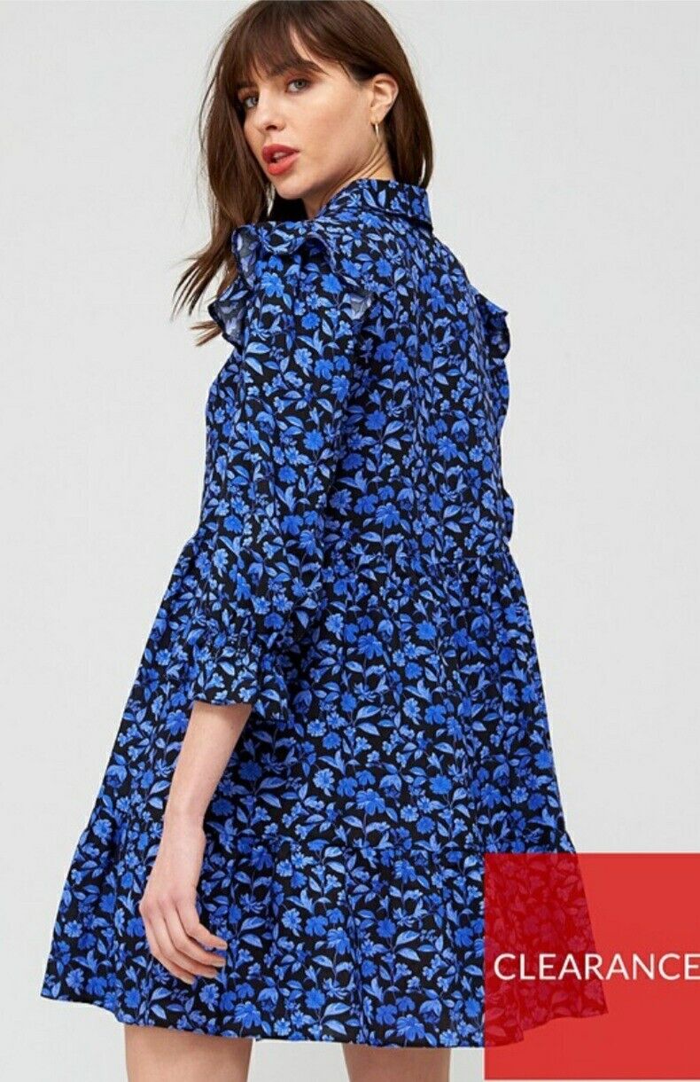 Button Through Shirt Dress Blue Floral Uk16****Ref V412