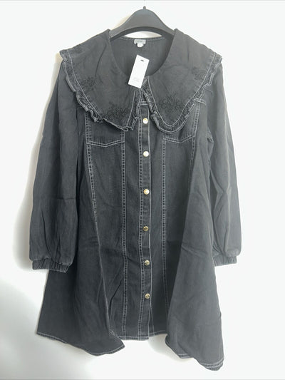 River Island Frill Collar Puff Sleeved Denim Shirt Dress - Black. UK 6 **** V226