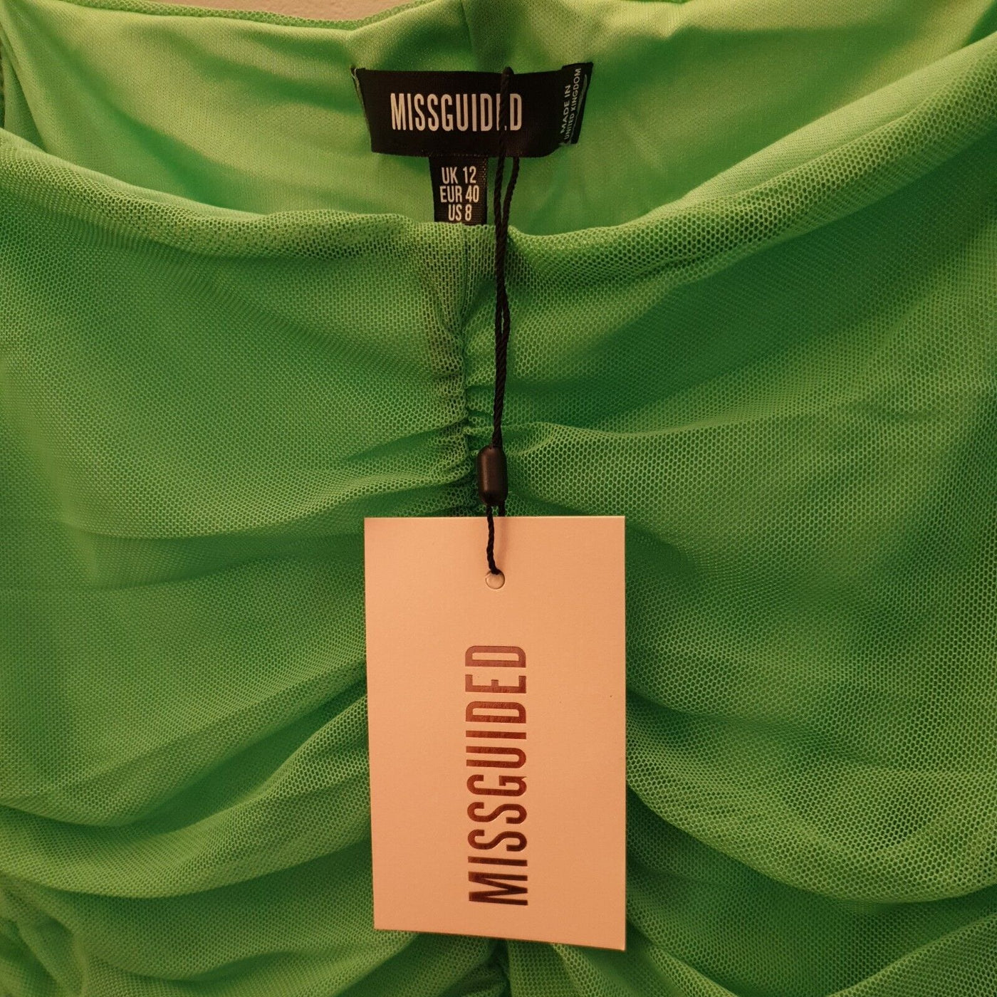 Missguided Mesh Ruched Long Sleeve Mini Dress Green Uk12****Ref V7