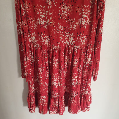 Red Floral Print Dress Long Sleeve Uk12****Ref V239