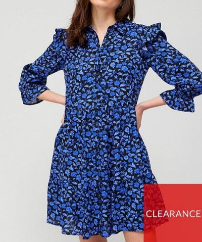 Blue Floral Button Up Shirt Dress Size 14 **** V307