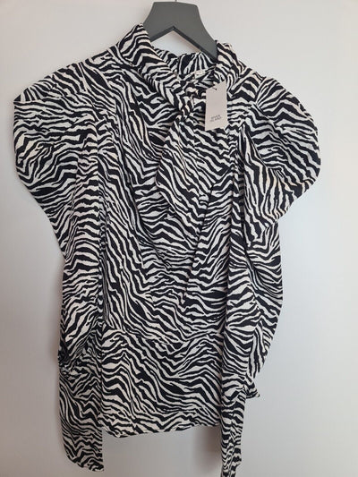 River Island White Animal Print Tie Neck Blouse Size 6 **** V232