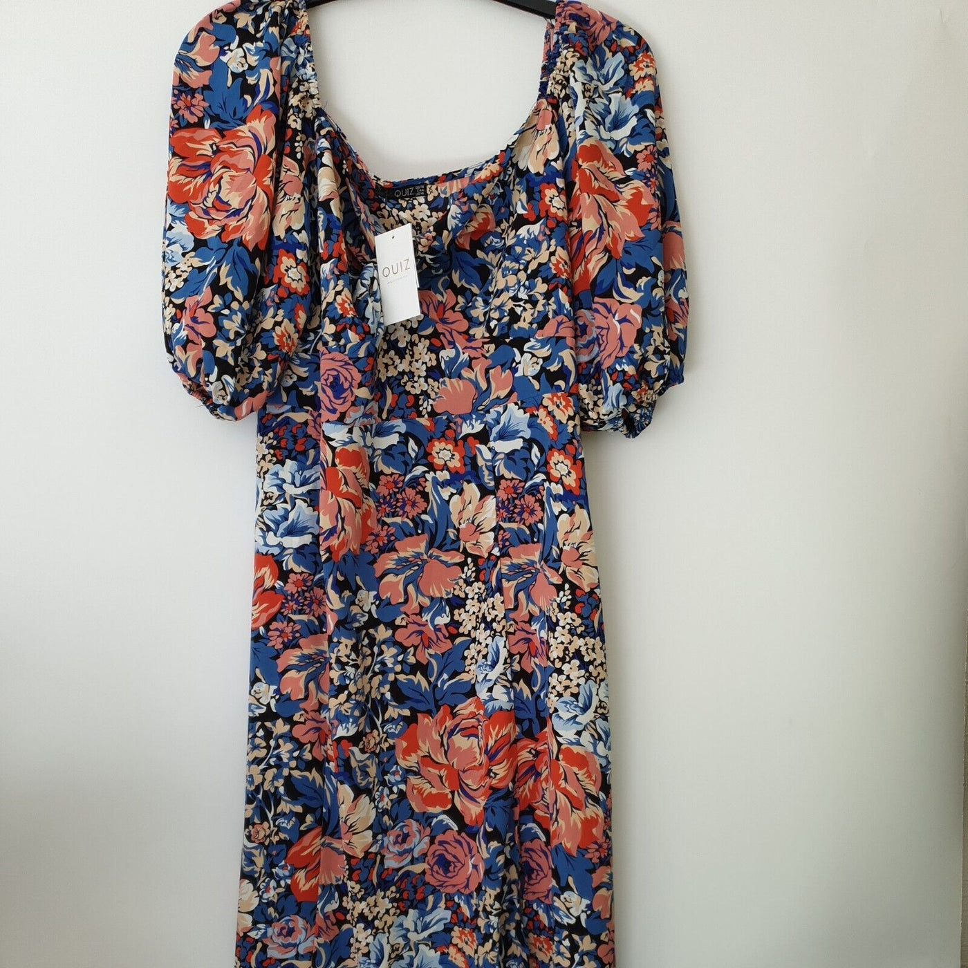 Quiz Coral & Blue Midi Dress With Slit UK Size 12 ****Ref V390