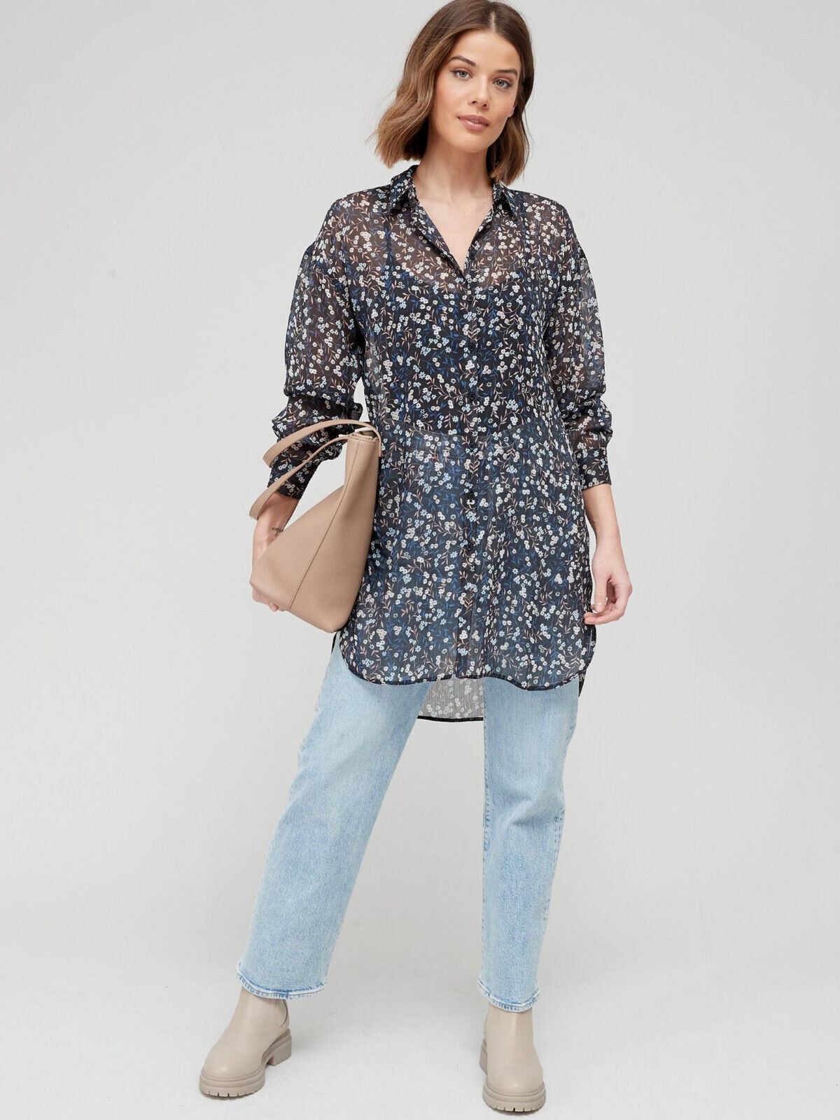 Womens Longline Printed Shirt – Blue. UK14. V203