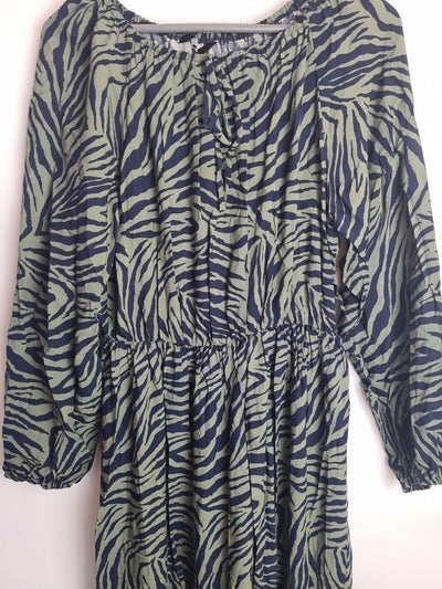 Womens Green Zebra Print Long Sleeve Tiered Midi Dress Size 14 **** V315