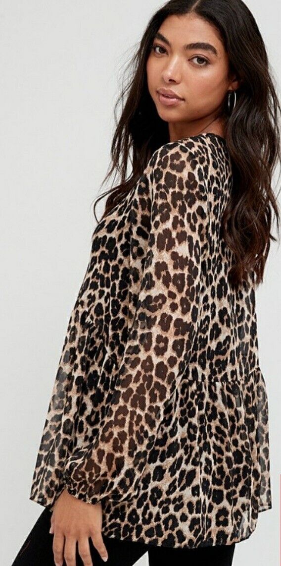 Button Through Drop Hem Blouse Animal Print Uk12****Ref V415