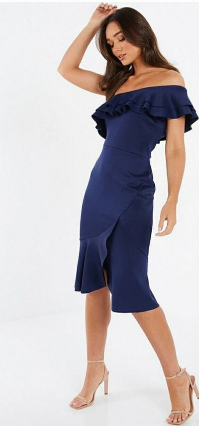 Quiz Navy One Shoulder Frill Mini Dress Navy Size 6****Ref V434