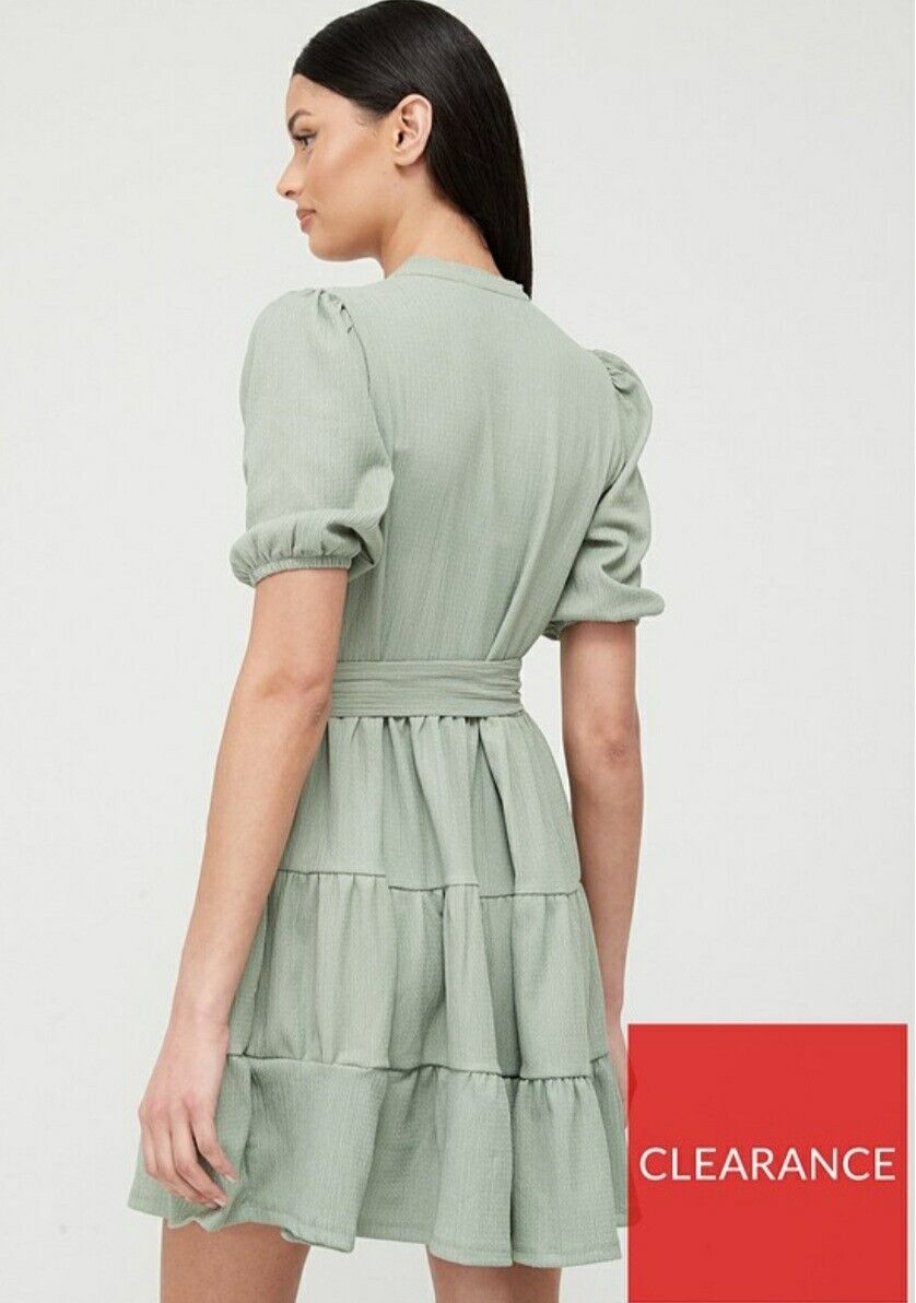 Tiered Sage Green Button Through Mini Dress Uk16****Ref V414