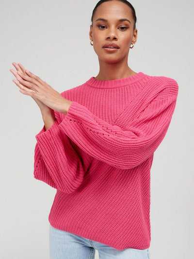 Womens Knitted Button Back Ribbed Jumper - Bright Pink. UK 16 **** Ref V486