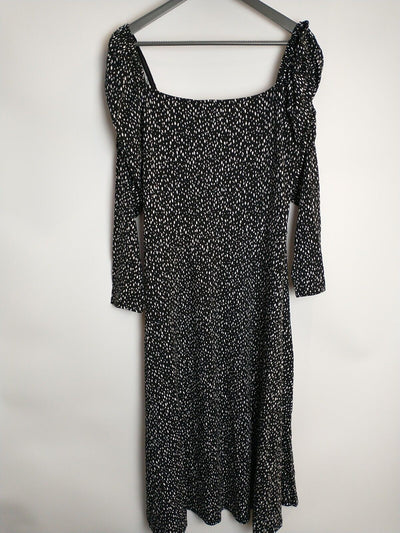 Sosandar Black Fleck Print Square Neck Jersey Midi Dress Size 10 **** V99