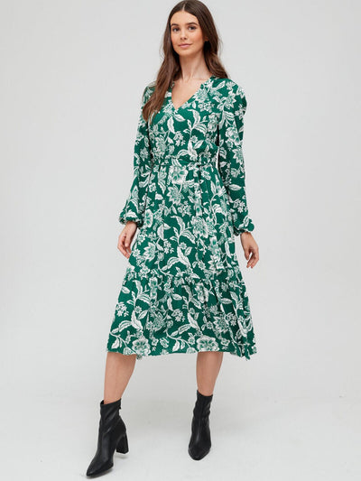 Notch Neck Waisted Midi Dress - Green. UK 10. ****V149