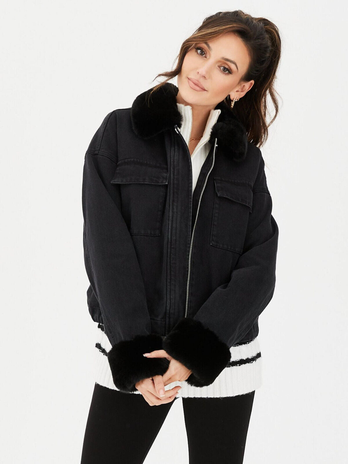 Michelle Keegan Black Faux Fur Trim Denim Jacket Size 8 **** V544