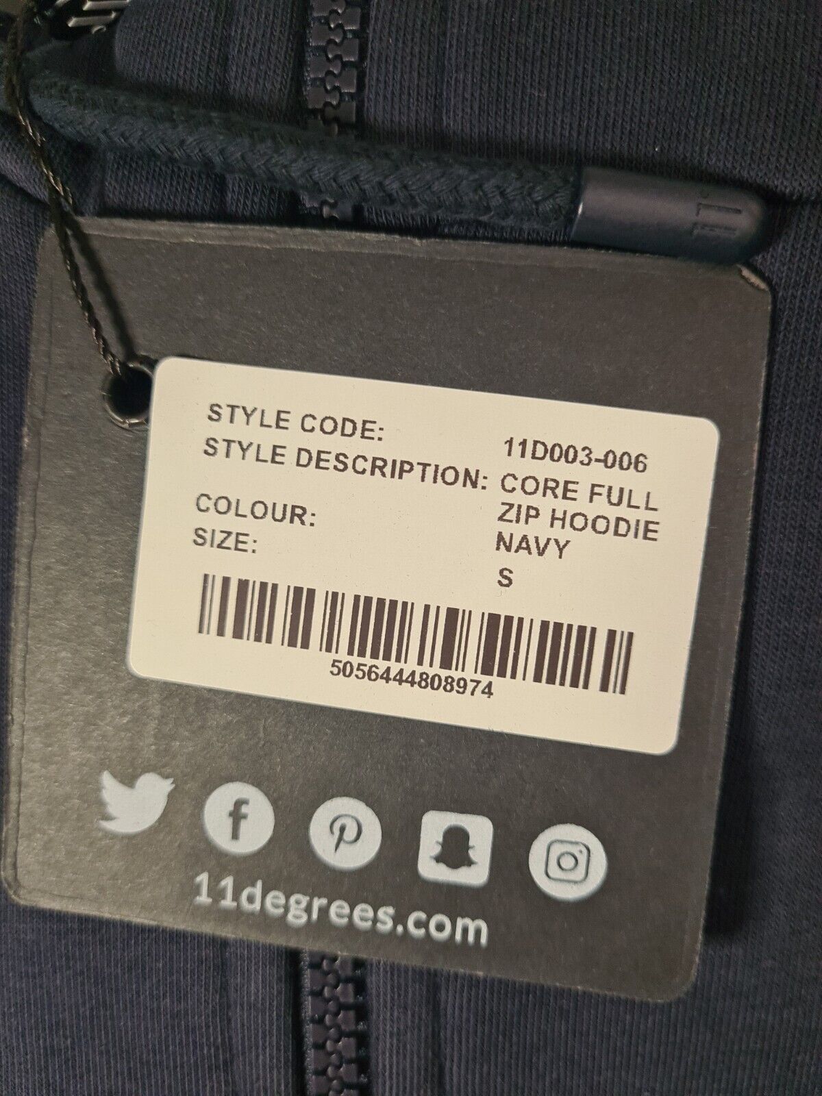 Eleven Degrees Core Full Zip Hoodie.  Dark Navy. UK Small  ****V225