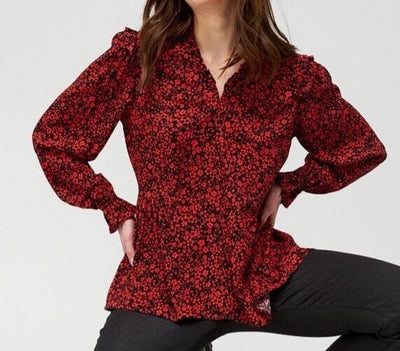 Womens Red Floral Print V Neck Ruffle Detail Blouse Size 12 **** V308
