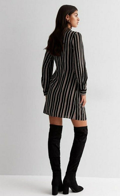 New Look Black Striped Pattern V Neck Wrap Dress Uk18****Ref V489