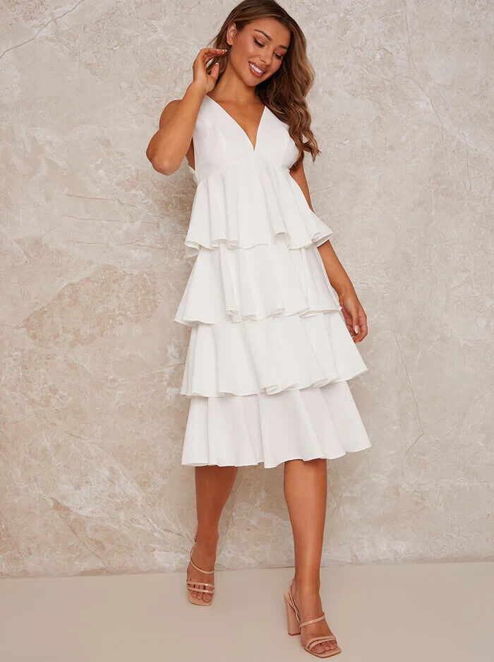 Chi Chi London Sleeveless Ruffle White Midi Dress Size 10 *** V272