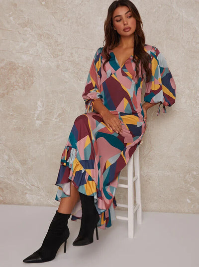 Chi Chi London Vneck Puff Sleeve Graphic Print Maxi Dress. UK 8. **** Ref V459