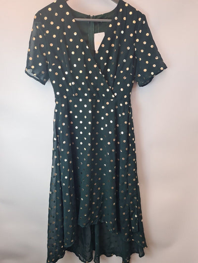 Quiz Dark Greem Metallic Spot Mini Wrao Skater Dress Size UK 10 **** V30