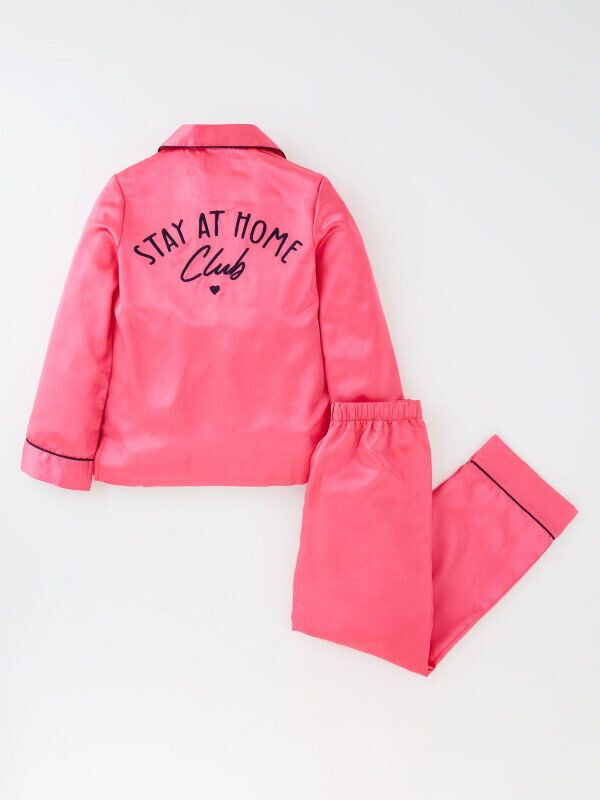 Girls Satin Stay At Home Slogan Hot Pink Pyjama Set Size 11-12 Years