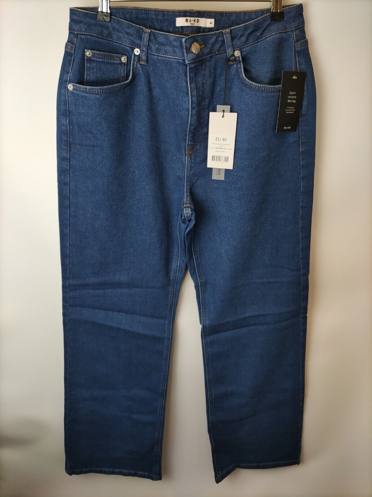 Na-kd Straight Leg High Waist Jeans. Mid Blue. UK 12. ****V116