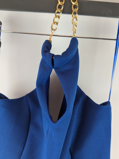 Quiz Blue Scuba Keyhole Chain Detail Dip Hem Dress Size 12.