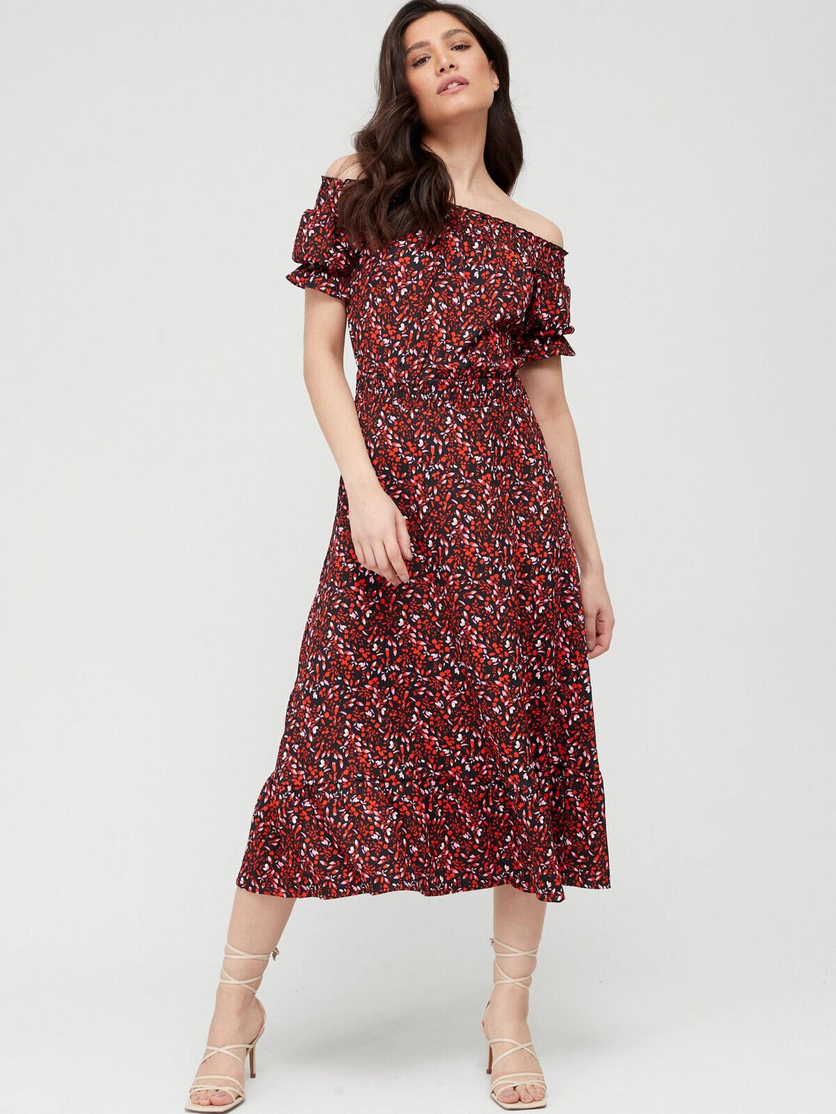 Floral Printed Shirred Waist Bardot Midi Dress. UK 14 ****V428