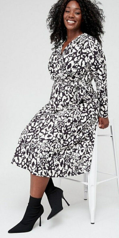 Jersey Belted Wrap Midi Dress Mono Animal Print Uk20****Ref V504