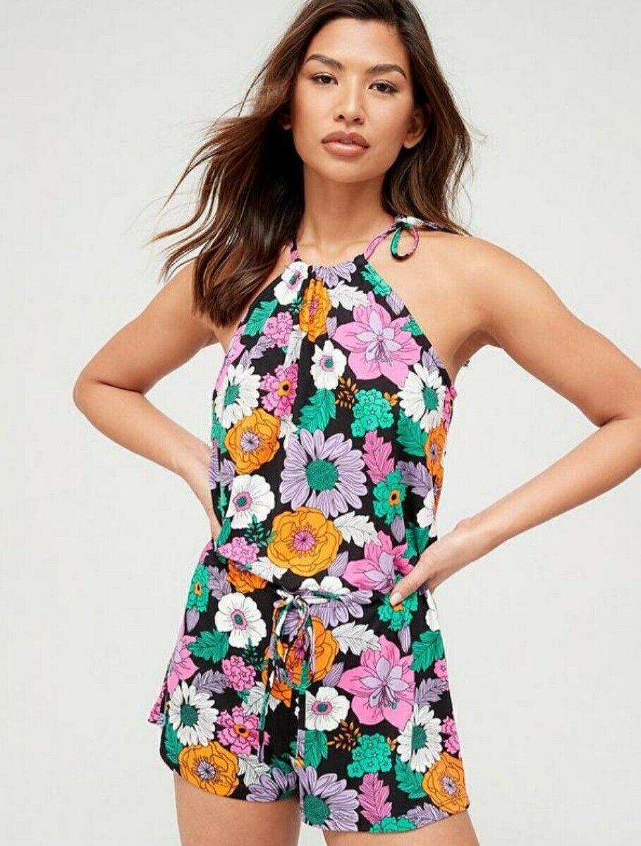 Racer Neck Tie Waisted Beach Playsuit Floral Uk10****Ref V489