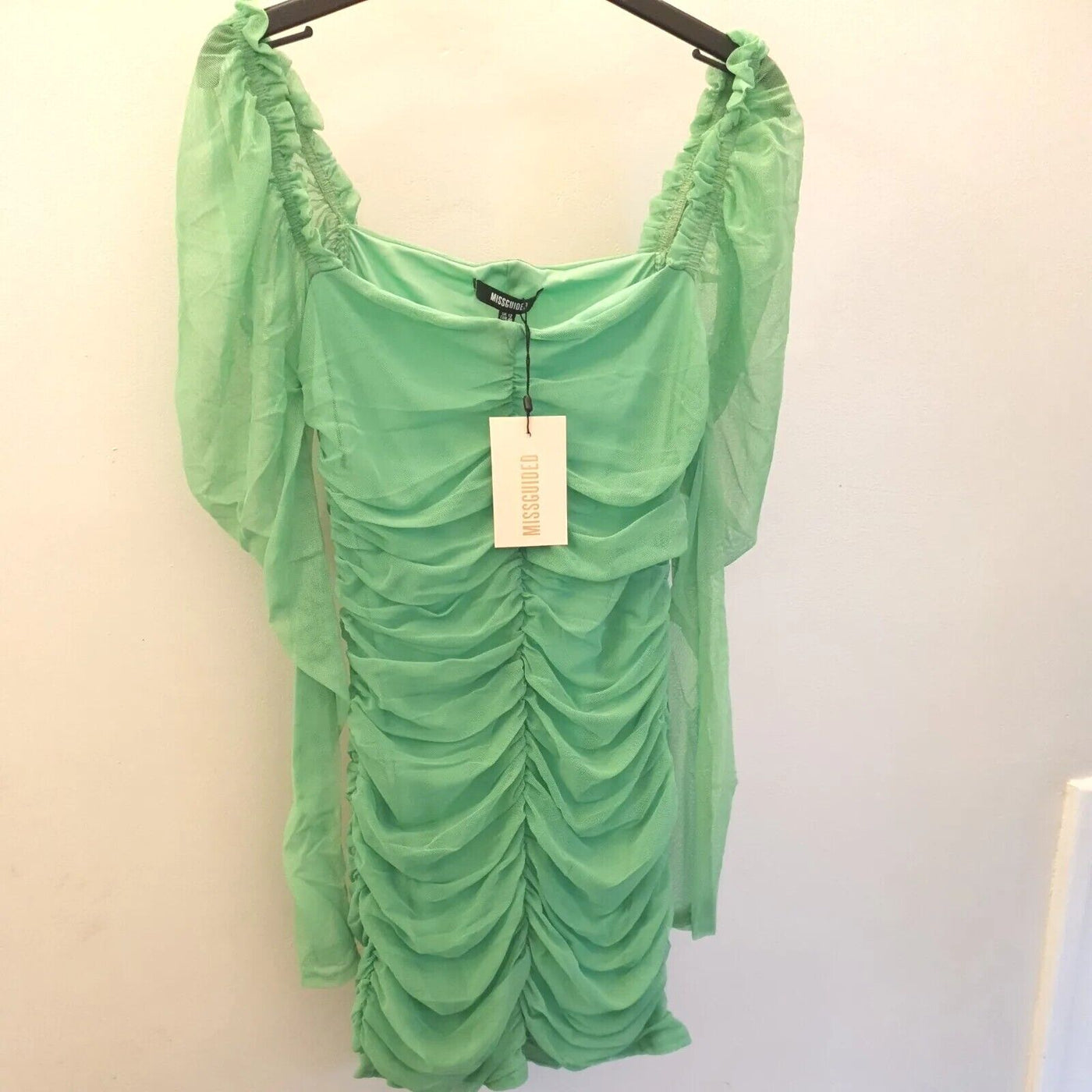 Missguided Mesh Ruched Long Sleeve Mini Dress Green UK 10 ****Ref V28