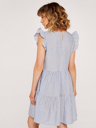 Apricot Mix Blue Stripe Lines Tiered Dress  UK 12 ****Ref V278