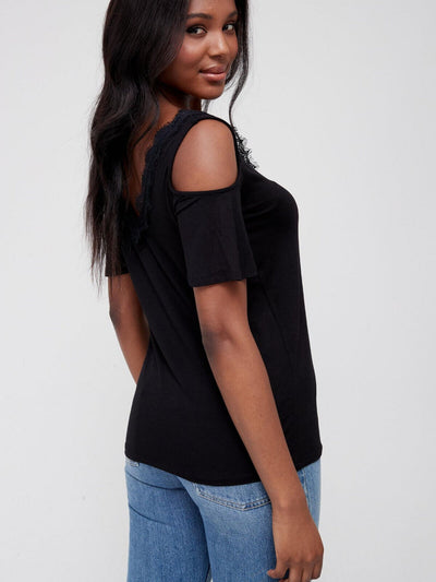 Lace Trim Angel Sleeve Cold Shoulder Top - Black. UK 12. V73