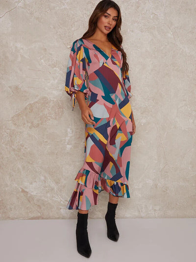 Chi Chi London Vneck Puff Sleeve Graphic Print Maxi Dress. UK 8. **** Ref V459