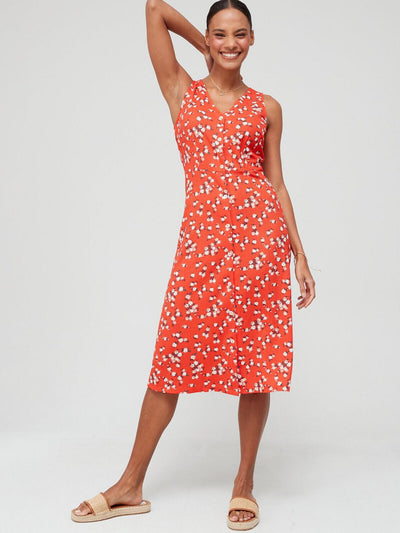 Womens Button Up Floral Midi Dress - Red. UK 14 **** V388