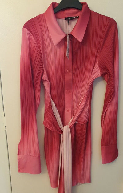 Missguided Tie Waist Flare Sleeve Shirt Dress Pink Uk12****Ref V28