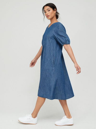 PIECES V-Neck Blue Midi Denim Dress Size XS **** V459
