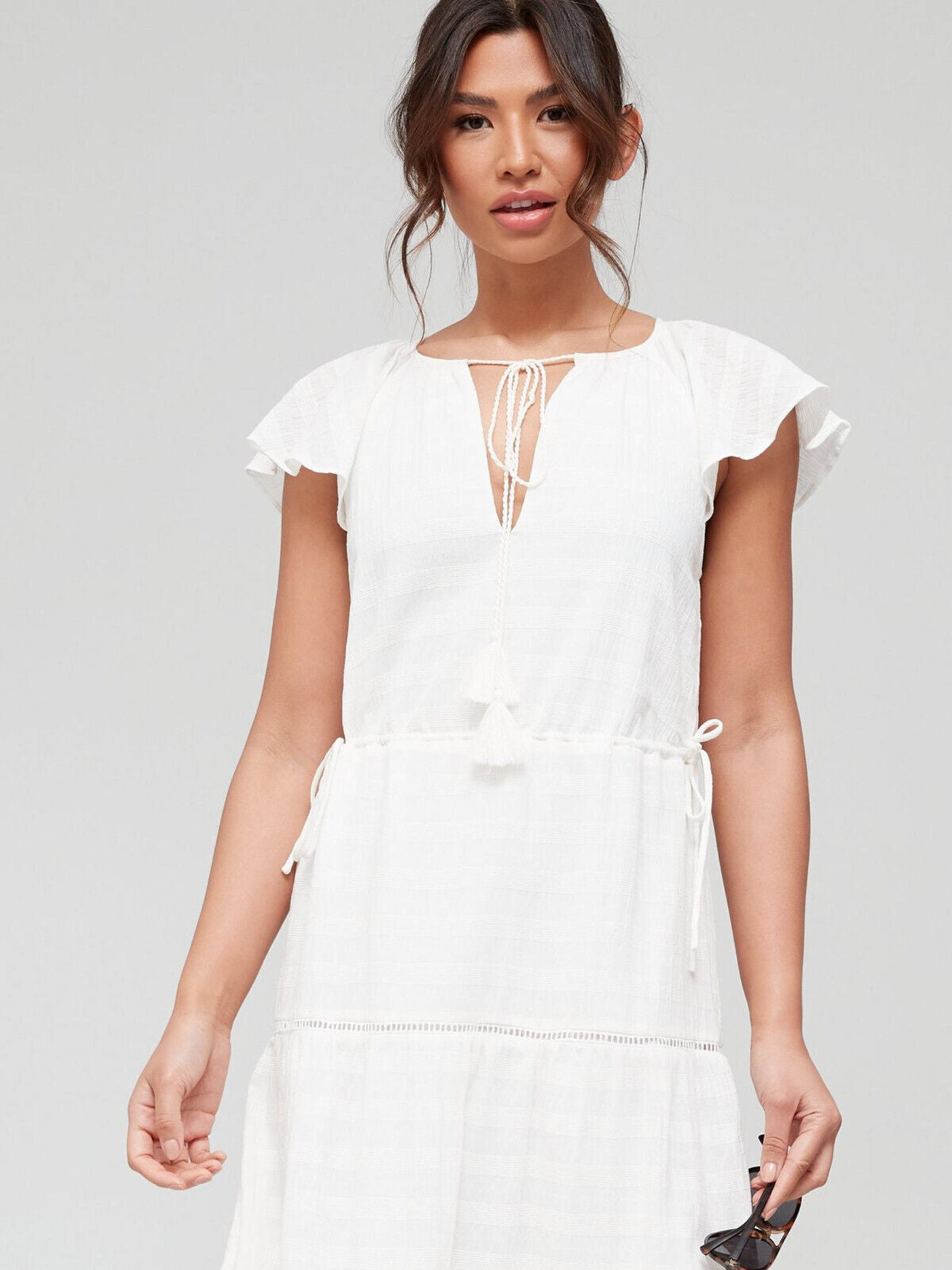 Textured Fabric Angel Sleeve Midi Beach Dress - Off White. UK 8. V22