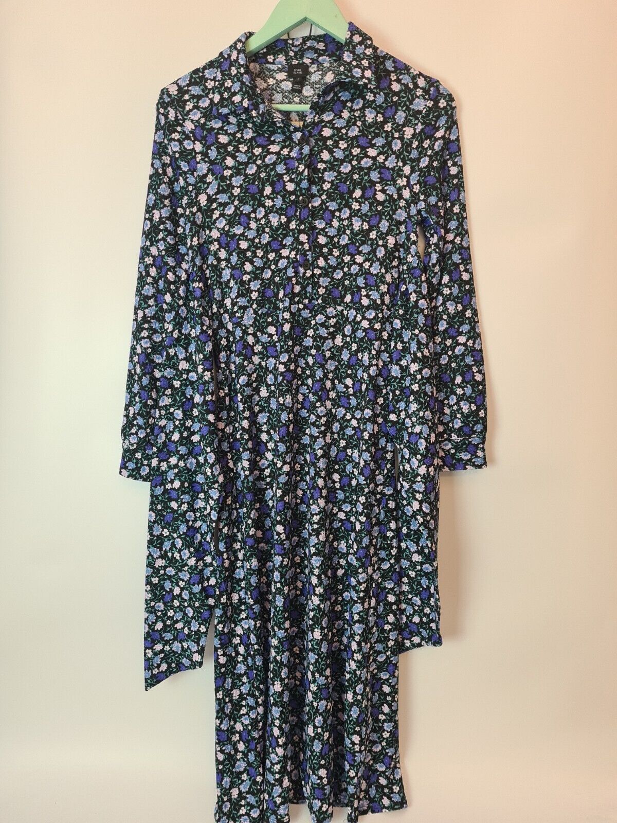 River Island Floral Long-Sleeve Black/Blue Dress Size 12 **** V349