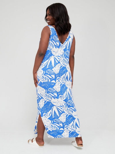 Blue And White Leaf Design Sleeveless V Neck Dress Size 16 **** V225