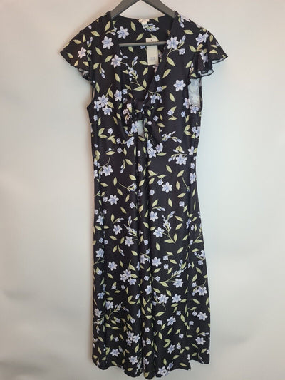 River Island Black Floral Maxi Dress Open-Tie Front Size UK 10