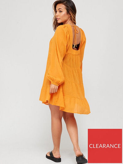 Orange Long Sleeve Square Neck Tiered Beach Mini Dress Size 12 **** V546