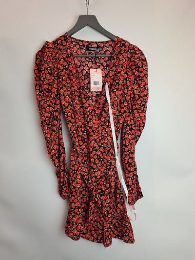 Missguided Red Floral Print Wrap Front Mini Dress Size 8 **** V42