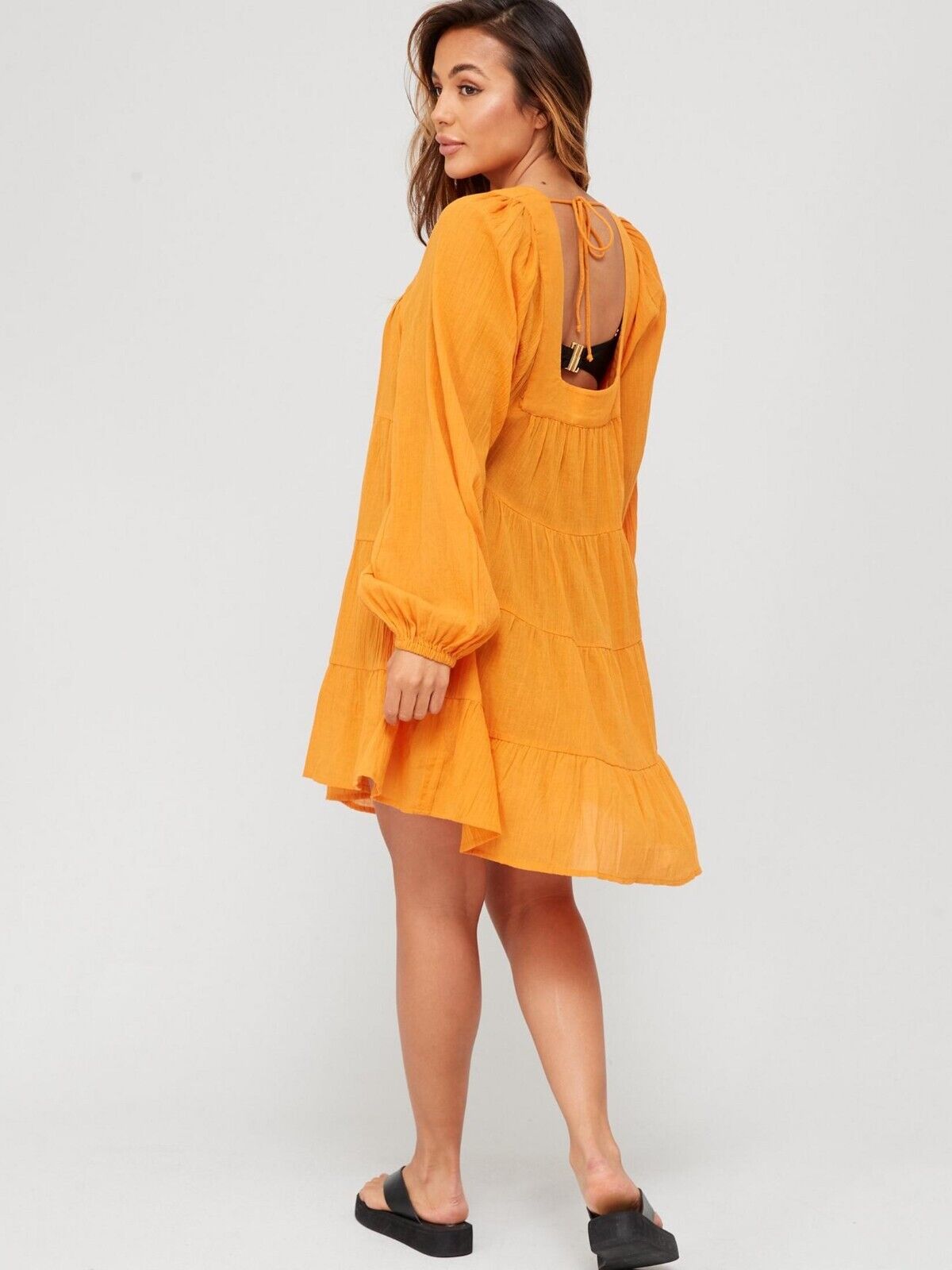 Womens Long Sleeve Square Neck Tiered Beach Mini Dress - Orange.UK 8****Ref V514