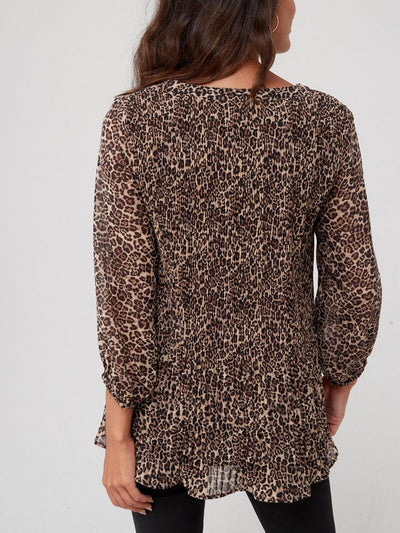 Womens Pleated V Neck Blouse - Animal Print ****V385