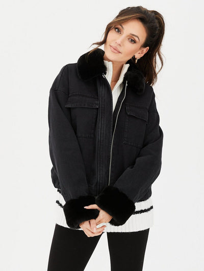 Michelle Keegan Black Faux Fur Trim Denim Jacket Size 12 **** V416