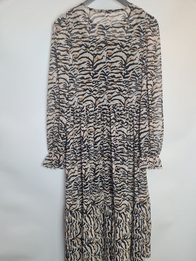 River Island Beige Animal Print Tiered Midi Dress Size 10 **** V287