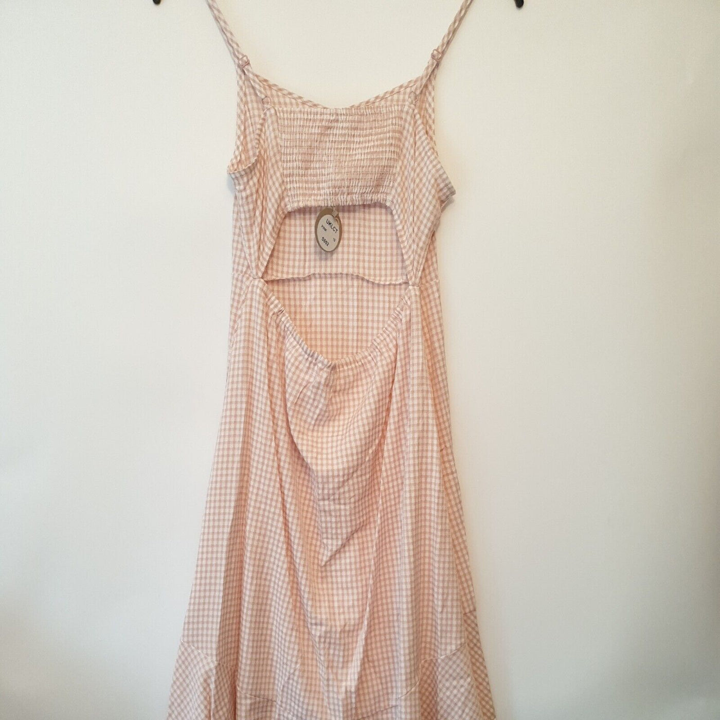 Apricot Gingham Pink High Low Hem Dress. Open Back. Size 14 ****V139